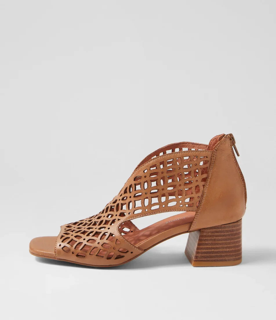 Django & Juliette - Fermina- Women’s Dark Tan Laser Cut Leather Mid-Heel Sandal