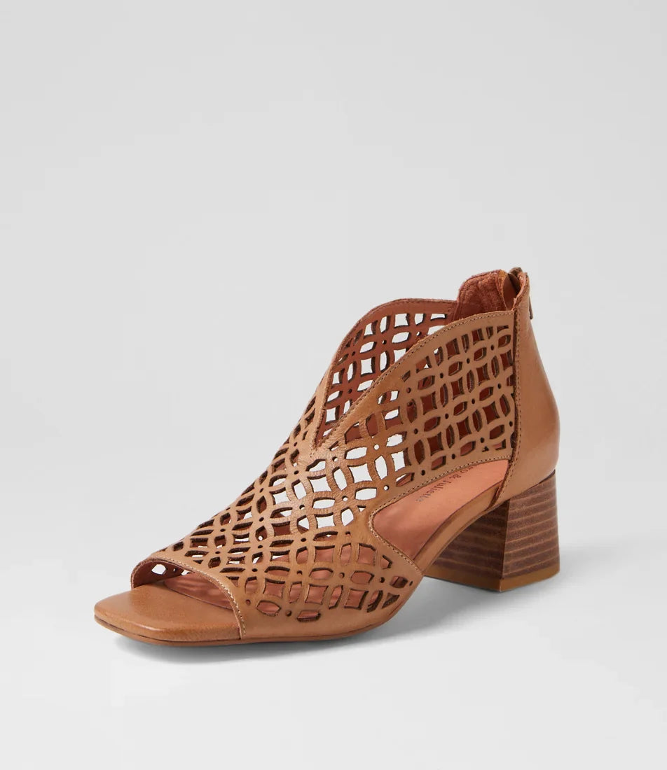 Django & Juliette - Fermina- Women’s Dark Tan Laser Cut Leather Mid-Heel Sandal