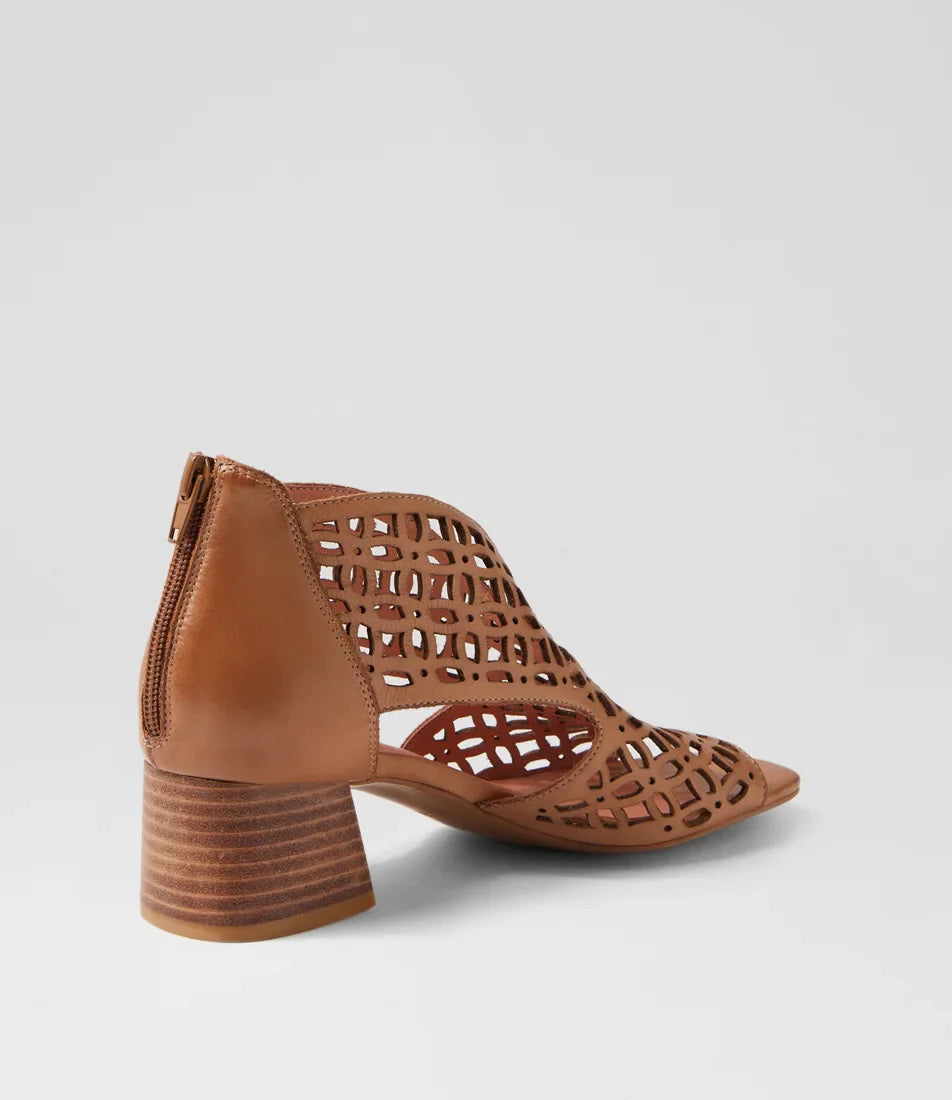 Django & Juliette - Fermina- Women’s Dark Tan Laser Cut Leather Mid-Heel Sandal
