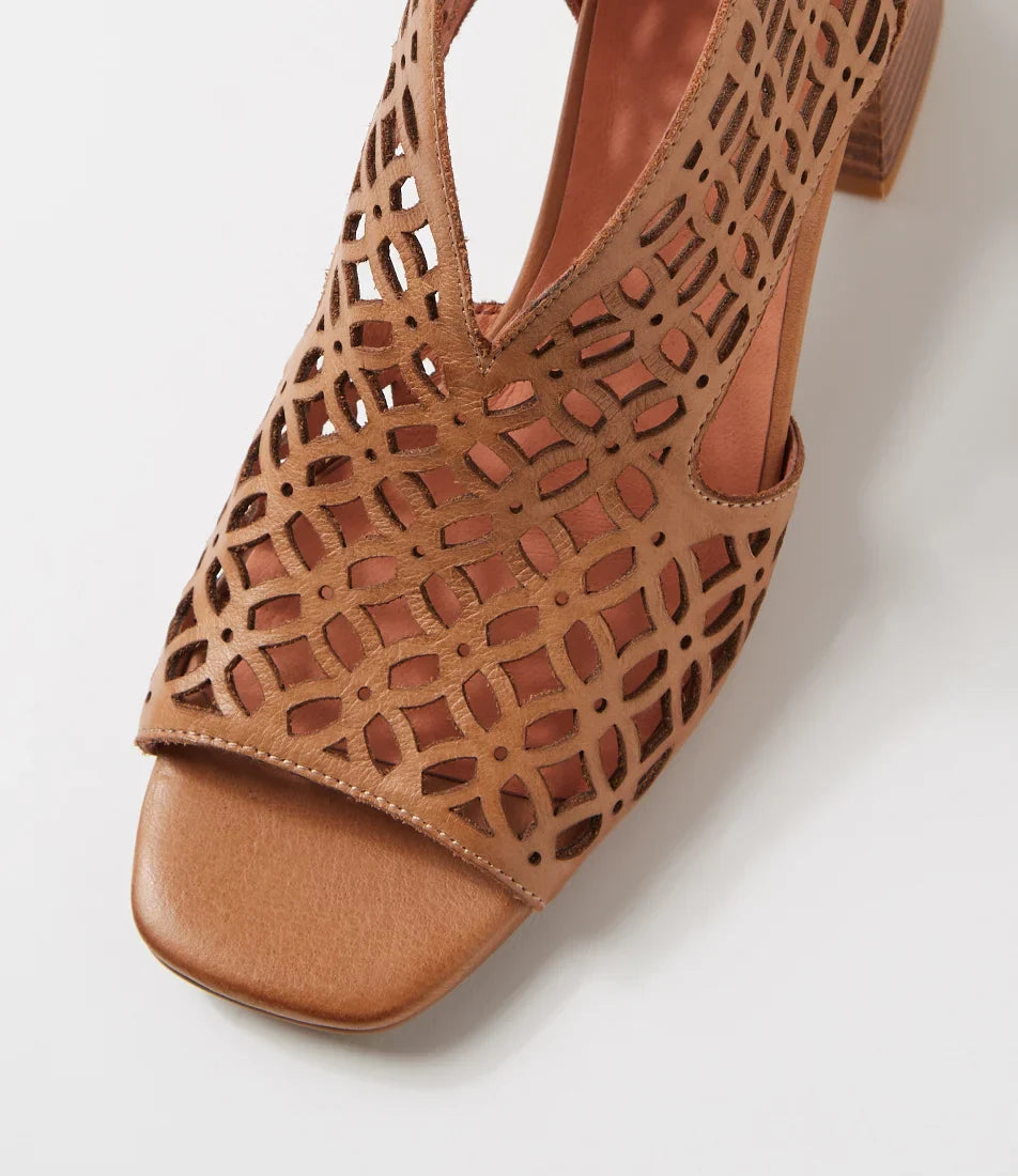 Django & Juliette - Fermina- Women’s Dark Tan Laser Cut Leather Mid-Heel Sandal
