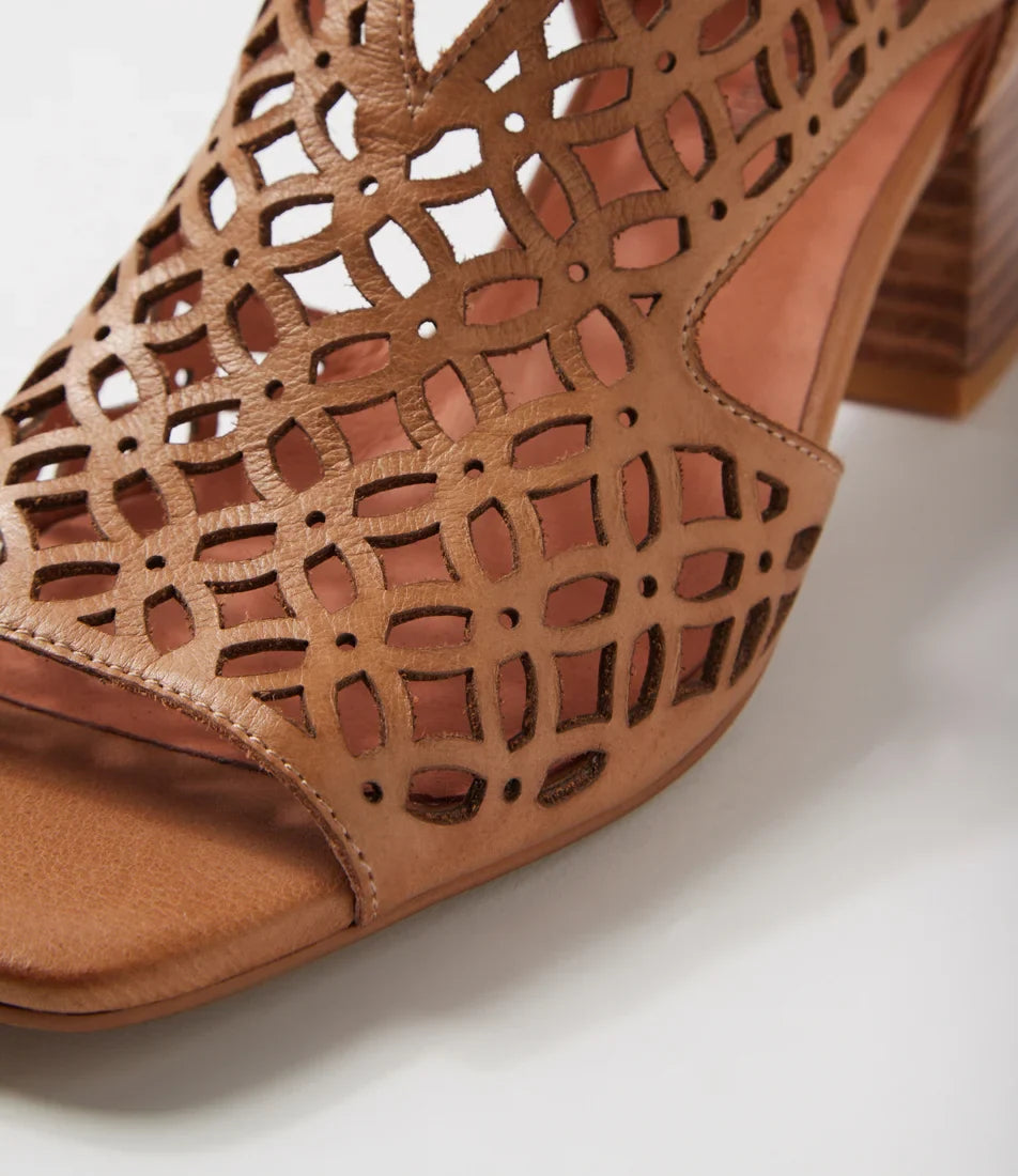 Django & Juliette - Fermina- Women’s Dark Tan Laser Cut Leather Mid-Heel Sandal
