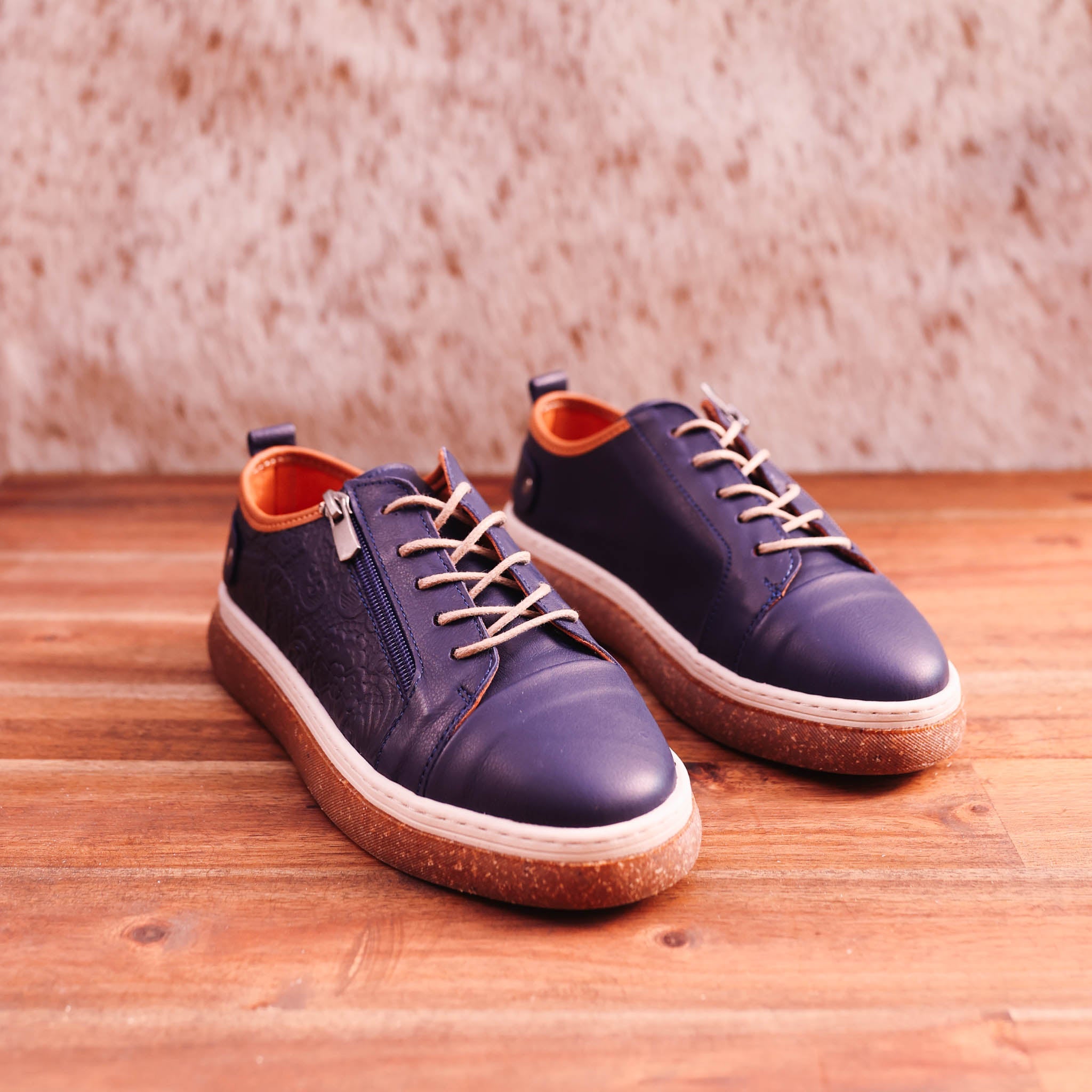 Cabello - Cooper - Women’s Navy Leather Floral Embossed Sneaker