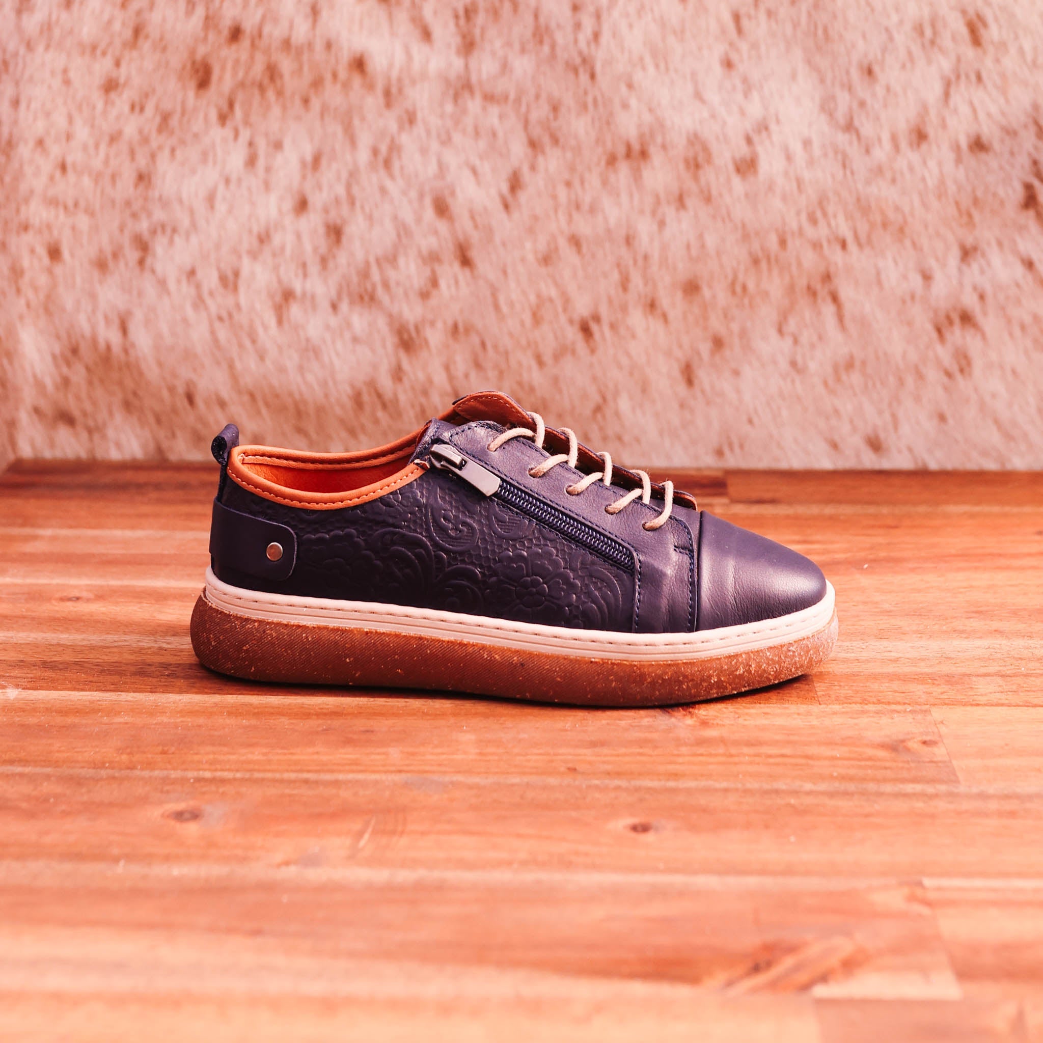 Cabello - Cooper - Women’s Navy Leather Floral Embossed Sneaker